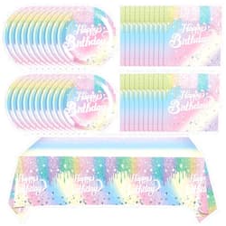 Ryzovo 41Pcs Iridescent Happy Birthday Party Decorations, Popular Birthday Party Supplies Include 20 Plates, 20Napkins and 1 tablecloth for Girls Kids Birthday Theme Party, Serve 20