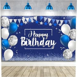 Tatuo Happy Birthday Decorations Backdrop Banner, Glitter Birthday Backdrop Sign Poster Party Supplies Photo Background for Men Women, 72.8 x 43.3 Inch(Silver and Navy Blue)