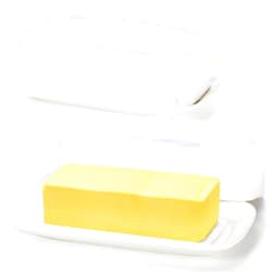 AVLA 2 Pack Porcelain Butter Dish, Ceramic Butter Crock with Lid, 8 inch Butter Keeper Container with Raised Edge, Butter Holder for Countertop, Holds 1 Standard Butter Stick, White