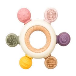 MISSLILI Baby Teething Toys Silicone Teethers BPA Free Silicone Rudder with Wooden Ring Soothe Babies Gums (Khaki)