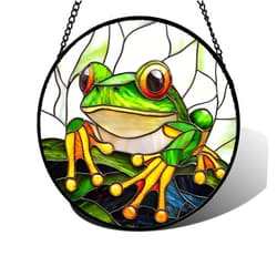 DASTOLL Stained Glass Window Hanging, Green Frog White Petals Sun Catchers Colorful Glass Panel Cute Suncatcher Decor for Birthday for Women, Men, Wife, Aunt, and Mom 6.3 in