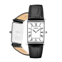 SEIKO Essentials Watch for Men - Essentials - Water Resistant with Stainless Steel Rectangular Case and Leather Strap