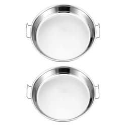 JOEBO 2Pcs Stainless Steel Steaming Dish Cold Noodle Plate Steamed Rice Tray Round Steaming Tray with Double Handle for Home Kitchen Food Serving