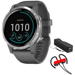 Garmin 010-02174-01 Vivoactive 4 Smartwatch, Shadow Gray/Stainless Bundle with Deco Gear Magnetic Wireless Sport Earbuds, Red with Carrying Case and Voltix Portable Charger Shadow Grey with Stainless Steel