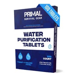 Primal Survival Gear Water Purifier Tablets –Water Purification Tablets for Emergency Water - Hiking, Camping, Survival, Emergency – Drinking Water Filtration System Survival Tabs - Purificador De Agua - 100 Tablets - 4G