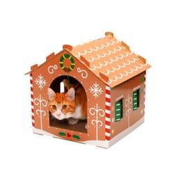 Furhaven Cardboard Cat House w/ Catnip for Indoor Cats, Ft. Scratching Pad & Hanging Toys - Decorated Gingerbread House Holiday Cat Scratcher Hideout - Christmas Print, One Size