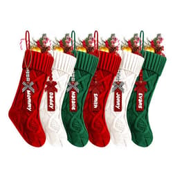 Nackiy 6Pack Personalized Christmas Stockings with Wooden Name Tags, 18 inches Xmas Cable Knitted Stocking for Holiday, Hanging Decoration Gifts for Family Party(White&Red&Green)