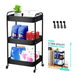 ZOES HOMEWARE 3 Tier Rolling Cart, Metal Utility Cart with 4 Hooks, Rolling Storage Cart on Wheels, Small Organizer Cart for Nursery, Kitchen, Living Room, Bathroom, Black