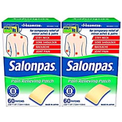 Salonpas Pain Relieving Patch for Back, Neck, Shoulder, Knee Pain and Muscle Soreness - 8 Hour Pain Relief - 60 Count (Pack of 2)