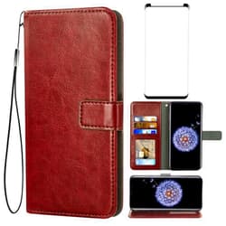 Asuwish Compatible with Samsung Galaxy S9 Plus Wallet Case Tempered Glass Screen Protector Leather Flip Cover Card Holder Stand Cell Accessories Phone Cases for Glaxay S9+ 9S 9+ S 9 9plus S9plus Brown