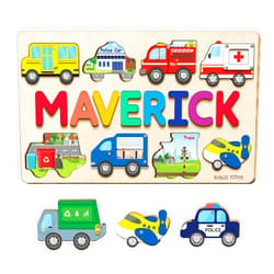 Kiuties Personalized Wooden Name Puzzle for Toddlers, 8-Piece Vehicle Puzzle Playset with Sensory Features for Fine Motor Skills and Educational Fun, Including Fire Truck, Police Car, School Bus, Garbage Truck, and More – Montessori Gift for Kids 1-4 NP56