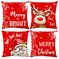 ARPOVIST Merry Christmas Merry&Bright Santa Dwarf Throw Pillow Covers Set of 4, 18 x 18 Inch Christmas Holiday Xmas Square Linen Cushion Covers for Sofa Couch Home and Car (Red)