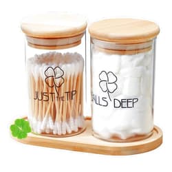 YOYOJOY Qtip Holder Bathroom Set, Apothecary Jars with Lids for Bathroom Organization, Balls Deep Just The Tip Qtip Holder with Bamboo Tray, Rustic Bathroom Decor