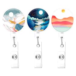 HEVITDA Badge Reel Retractable Cute ID Card Badge Holder with Sturdy Alligator Clip Name Nurse Decorative Badge Reel Clip on Card Holders (3 Pack Mountains & Sun)