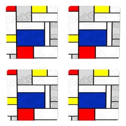 Lunarable Retro Coaster Set of 4, Mondrian Inspired Composition with Circles Dots Geometric Grid Abstract, Square Hardboard Gloss Coasters, Standard Size, Red Blue