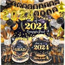 Nuolifee 276Pcs Graduation Party Decorations Class of 2024 - Include Grad Backdrop,Banners,Balloons,Tablecloth,Paper Plates,Cups Napkins and Cutlery(Black & Gold)