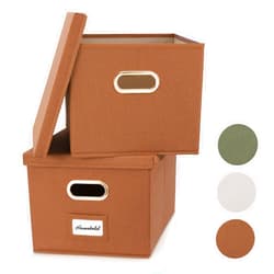 ZICOTO Decorative File Organizer Box Set of 2 - Collapsible Linen Filing Cabinets w/Handles Are Perfect to Store all Your Documents & Hanging File Folders - Portable Easy Slide File Crates with Lid