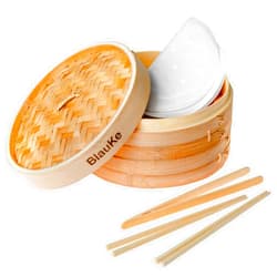 BlauKe Bamboo Steamer Basket 10 Inch with Chopsticks, Tongs, 50 Paper Liners – 2-Tier Food Steamer for Cooking Dumplings Vegetables Meat Fish Rice – BlauKe®