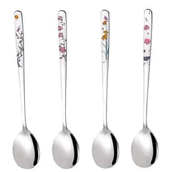YAPULLYA Korean Soup Spoons, 18/8 Stainless Steel Long Handle 8 Inch Tablespoon, Asian Metal Dinner Spoons, Set of 4 (flowers)