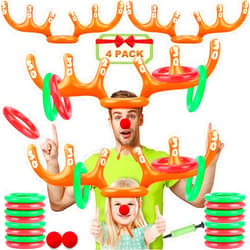 Narremcoy 4 Pack Inflatable Reindeer Antler Ring Toss Game - Christmas Themed Party Game - Funny Reindeer Hat Ring Toss Game for Xmas Party - 4 Inflatable Antlers, 24 Rings(Recommended Ages: 4 Years & Up)