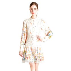 LAI MENG FIVE CATS Women's Hollow Out Floral Print Lantern Sleeve Button Up Casual Mini Dress