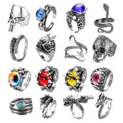 FIBO STEEL 16 Pieces Vintage Punk Rings for Men Women Gothic Rings Silver Black Dragon Snake Claw Skull Octopus Eyes of Hell Open Adjustable Rings Set