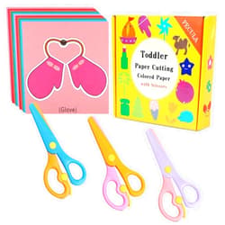 PECULA Safety Scissors For Toddler, Kids, Children - Plastic, Dual-Color Preschool Training Scissors(3 Pack), Paper Cutting(96 Pcs) Set For Paper Craft Supplies