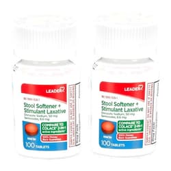 LEADER 2-in-1 Stool Softener & Stimulant Laxative, Docusate Sodium 50mg, Sennosides 8.6 mg, Gentle Occasional Constipation Relief for Adults, Both Men & Women, & Children Ages 6+, 100 Tablets 2-Pack