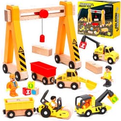 Atoylink 15PCS Kids Wooden Construction Toys with Magnetic Train Cars, Gantry Crane Bulldozer Roller Tow Truck Construction Site Vehicles Playset Gifts for 3 4 5 6 Year Old Toddlers Boys
