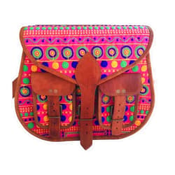 PNCO'' Leather Handmade Embroidery Brown Bag With Adjustable Shoulder Strap made by Canvas Lining