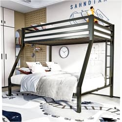 ikalido Metal Bunk Bed, Twin Over Full Size Beds with Sturdy Guard Rail & Removable Ladder, Space-Saving/Noise-Free/Matte Black