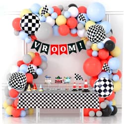 Fxozru Race Balloon Garland Arch Kit Pastel Coral Gray Yellow Baby Blue Black White Balloons with Checkered Foil Balloons Tablecloth Flag Banner for Car Sports Birthday Baby Shower Decorations Party Supplies