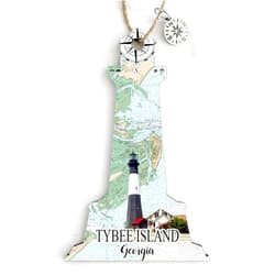 MapMom Tybee Island, GA Lighthouse Shaped Wood Map Ornament | 4” Tall Wood Hanging Map Ornament with Artwork & Charm | Perfect for Wine Bottles, Gift Bags, or Christmas Tree