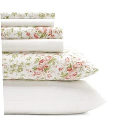 Laura Ashley - Queen Sheets, Cotton Percale 6-Piece Bedding Set, Crisp & Cool Home Decor (Marissa Coral, Queen)