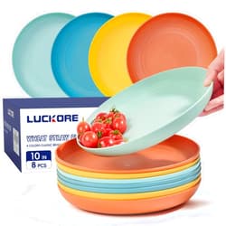 Luckore 10 inch Deep Dinner Plates Set of 8 Wheat Straw Plates, Unbreakable Dinner Plates Set Alternative for Plastic Plates Microwave and Dishwasher Safe for Kitchen with 4 Colors-Classic Bright