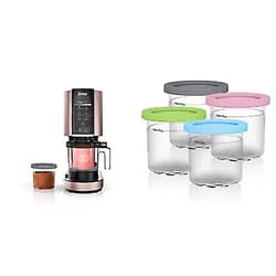 Ninja NC301 CREAMi Ice Cream Maker, Rose Gold & XSKPLD4BCD Pints 4 Pack, Compatible with NC299AMZ & NC300s Series Creami Ice Cream Makers, 1, Clear/Grey/Lime/Pink/Acqua Rose Gold 1 Pint Ice Cream Maker + Ice Cream Makers