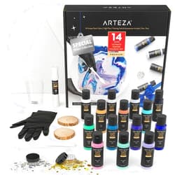 Arteza Acrylic Pouring Paint Kit, 14 Glossy Colors — 8 Pastel & Bright, 3 Iridescent, 3 Metallic, 2 x Stretched Canvas, 2 Wooden Slices, Glitter, and Paint Pouring Accessories, Multicolor,28 Piece Set
