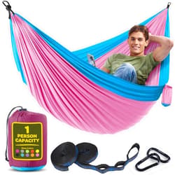 SEWANTA Durable Hammock 400 lb Capacity, Nylon Camping Hammock Chair - Double or Single Sizes w/Tree Straps and Attached Carry Bag - Portable for Travel/Backpacking/Beach/Backyard (Medium, Fuchsia & Sky Blue)