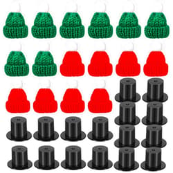 Chalyna 32 Pieces Winter Christmas Mini Doll Snowman Hats for Crafts 16 Small Knitting Santa Hats and 16 Black Plastic Miniature Top Caps for Xmas Ornaments DIY Art and Craft Decoration