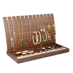 Teamkio Wooden Jewelry Organizer, Jewelry Display Stand Necklace Holder for 12 Necklaces, Earring Display Stand with 42 Holes, Wooden T-Bar Bracelets Holder Organizer for Watches Rings Displays