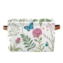 Kigai Herb and Wild Flowers Storage Basket Collapsible Rectangle Storage Bin Shelves Basket Organizer with Leather Handle for Closet, Office, Nursery, Home Decor