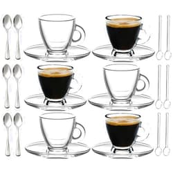 BOHEM'S Espresso Cups, 3.2 oz Small Demitasse Clear Glass Espresso Drinkware, Set Of Cups, Saucers and Stainless Steel mini Spoons + Free Glass Spoons (Set of 6)