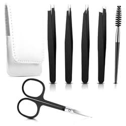 Honoson 6 Pcs Eyebrow Tweezers Set for Women Precision Tweezer for Eyebrows with Curved Scissors Eyelash Brush Girls Facial Hair Plucking Daily Beauty Tools with Leather Storage Case(Classic Color)