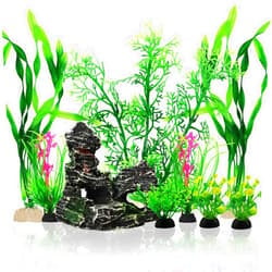 PietyPet Fish Tank Accessories Aquarium Decorations Plants, 9pcs Green Fish Tank Decorations Plants and Cave Rock Decoration Decor Set, Aquarium Decor Plastic Plants