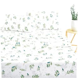 Wake In Cloud - Botanical Bed Sheets, 100% Cotton, 4-Piece Sheet Set, Cottagecore Floral Plant Leaves Coquette Shabby Chic Aesthetic Bedding, Deep Pocket, Green White, Queen Size