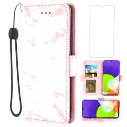 Asuwish Compatible with Samsung Galaxy A22 5G 6.6 inch Case and Tempered Glass Screen Protector Cell Accessories Card Holder Slot Kickstand Marble Wallet Phone Covers for Gaxaly A 22 Gal 22A G5 Pink