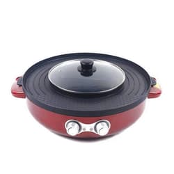 Gdrasuya10 2 In 1 Smokeless Grill and Hot Pot Combo, 2200w Electric BBQ Double Separation Hot Pot Barbecue Grill 3.6L Multifunctional Split Baking Tray Non-stick Pan with Independent Temperature Control, Red