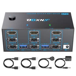 ANXQQ HDMI + 2 Displayport KVM Switch 3 Monitors 2 Computers, ANXQQ 8K@60Hz 4K@144Hz Triple Monitor KVM, Monitor Switch for 2 Computers Share 3 Monitors and 4 USB 3.0 Ports with Remote and Power Adapter