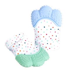PandaEar Soothing Teething Mitten 2 Pack, Pain Relief, Protection Glove, Stimulating Teether, 0-12 Months (Blue Green)