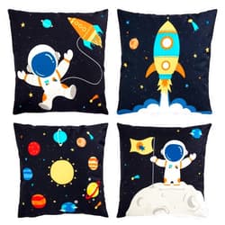 Juvale 4 Pack Spaceship Decorative Kids Throw Pillow Covers, 4 Designs, Astronaut, Rocket Ship, Galaxy Theme (18 x 18 in)